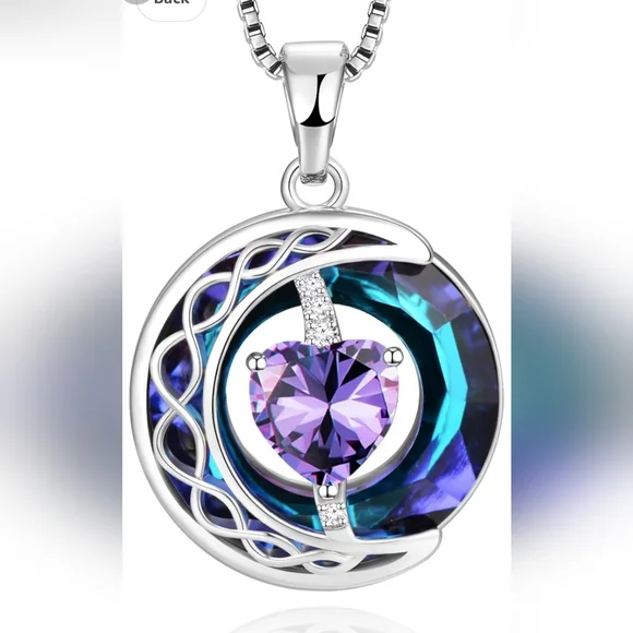 Sterling silver box chain necklace with amethyst heart and moon pendant jewelry - Picture 1 of 7